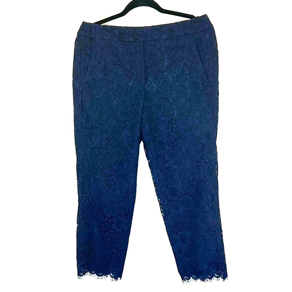 J Crew Lace Ruffle-Neck Top And Lace Pant Set Dark Blue Womans Petite 8 M - Picture 7 of 14